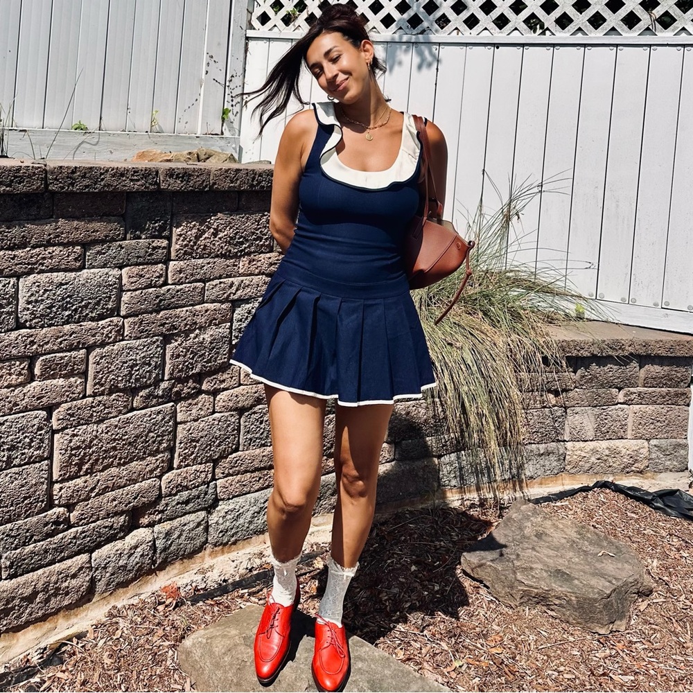 Motel ruffle edge denim mini dress in indigo blue